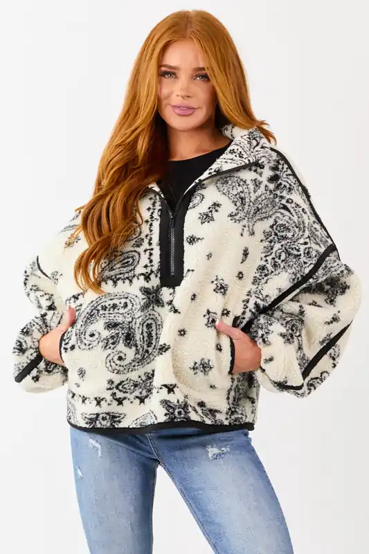 Cream Paisley Half Zip Up Sherpa Pullover Jacket - Promesa