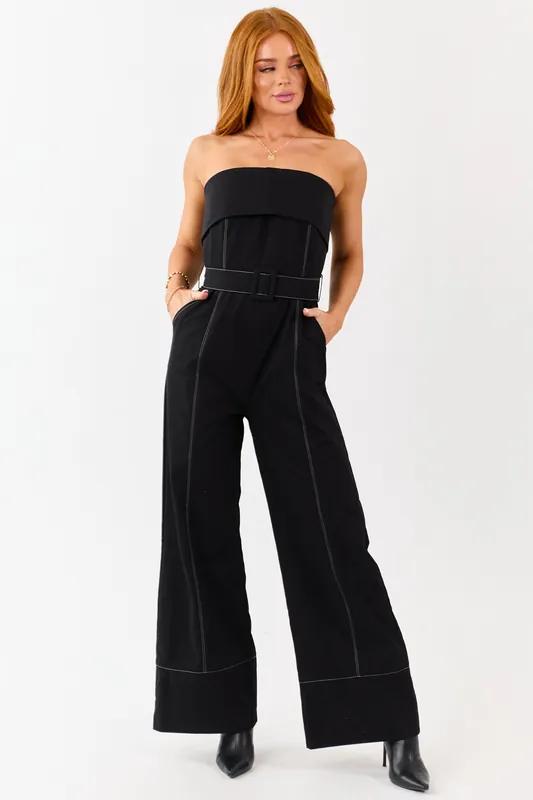 Black Cotton Strapless Contrast Stitching Jumpsuit - Baby Pink