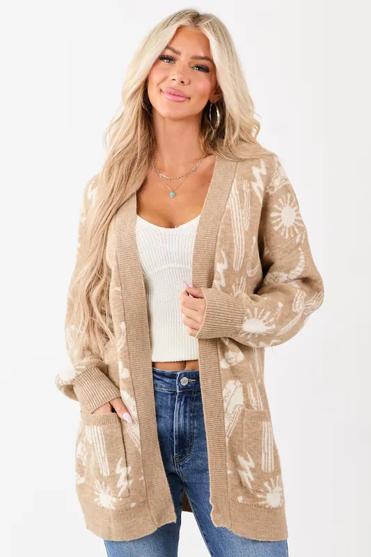 Beige Western Print Open Front Ribbed Trim Cardigan - Very J