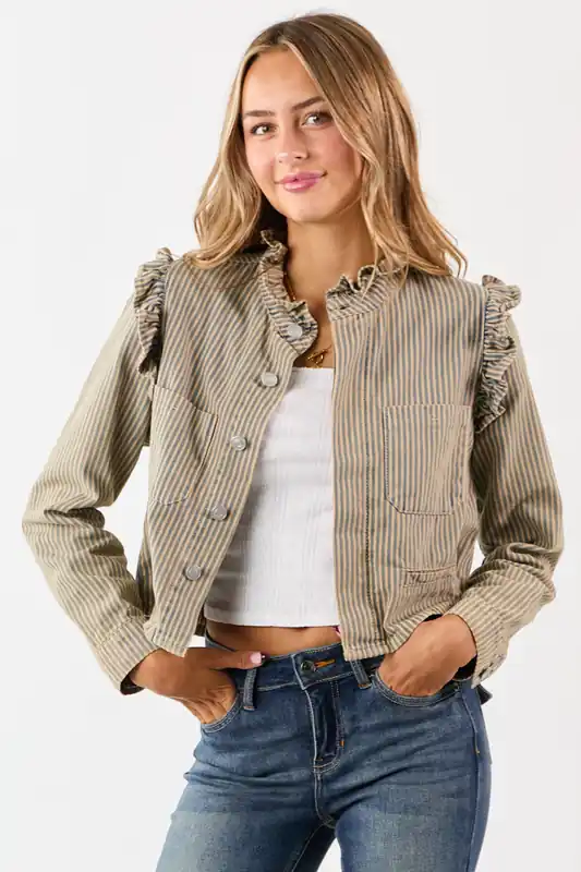 Sand Railroad Striped Denim Hidden Button Up Top - NoaBoa