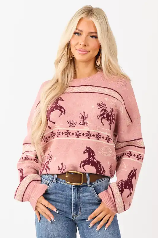 Cherry Blossom Western Print Crew Neck Knit Sweater - Very J