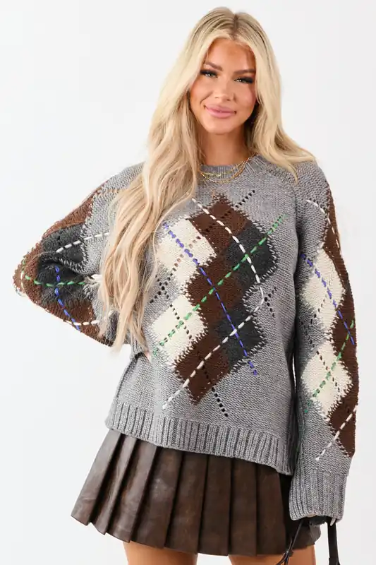 Stone Argyle Wool Blend Long Sleeve Sweater - Blue Blush