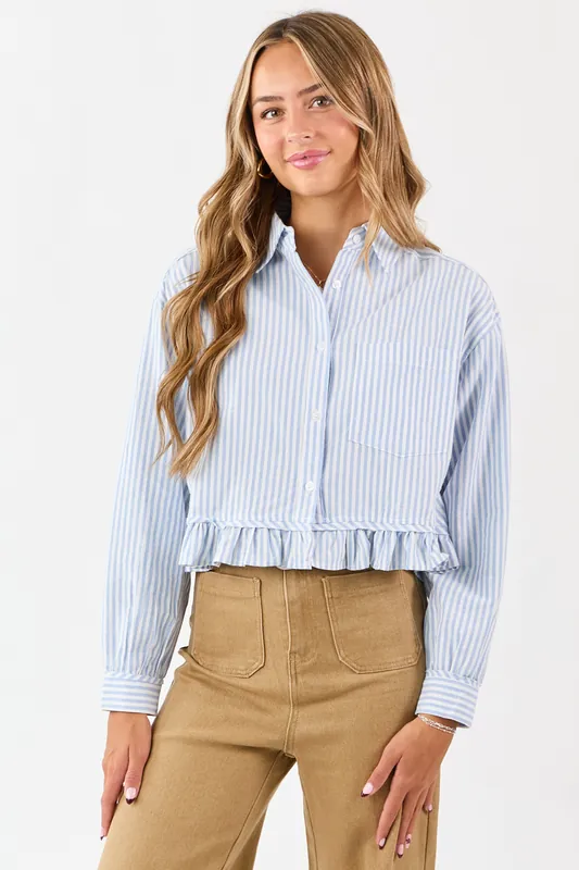 Sky Blue and White Striped Cotton Button Up Top - Blue Blush