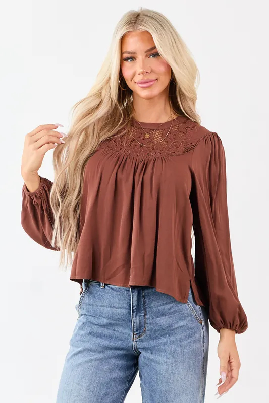 Spice Embroidered Floral Lace Yoke Puff Sleeve Top - Blue Blush