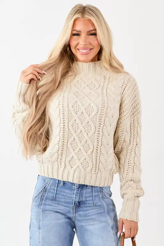 Cream Mock Neck Cable Knit Wool Blend Sweater - Blue Blush