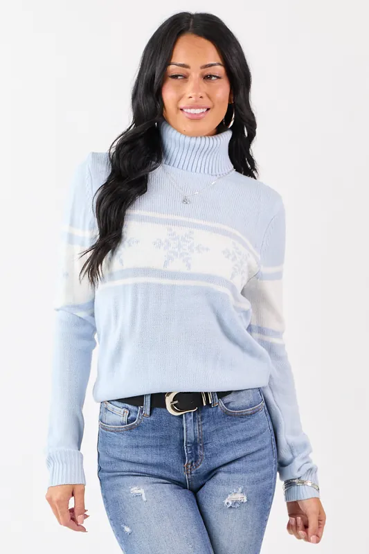 Baby Blue Snowflake Pattern Turtleneck Sweater - Blue Blush