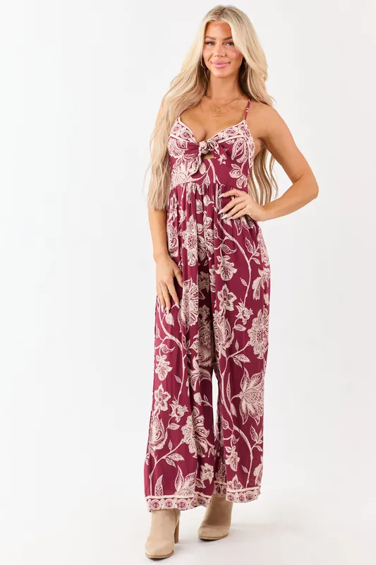 Maroon Floral Print Tie Bust Wide Leg Jumpsuit - ANGIE