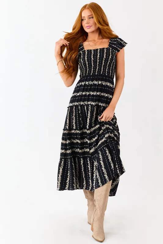 Black Floral Print Smocked Bodice Tiered Midi Dress - ANGIE