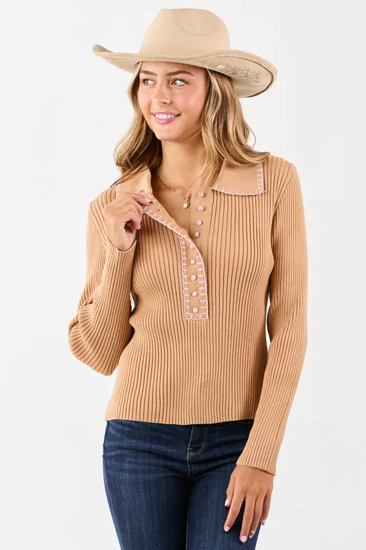 Brown Sugar Contrast Blanket Stitch Buttoned Sweater Top - &merci