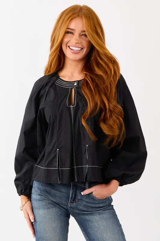 Black Contrast Stitch Keyhole Pleated Cotton Top - &merci