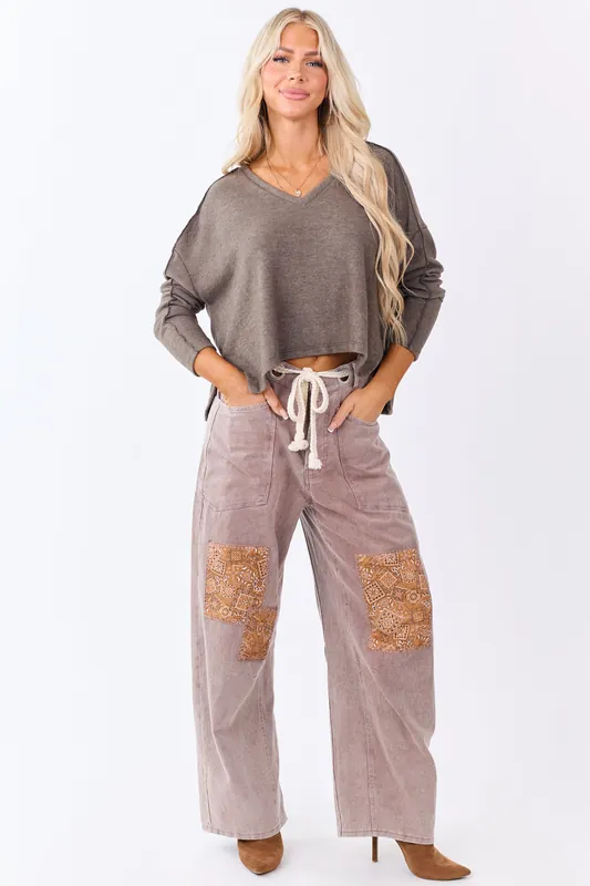 Mocha Denim Paisley Patch Waist Tie Barrel Pants - &merci