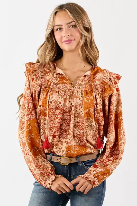 Sunrise Boho Paisley Patchwork Ruffled Cotton Blouse - &merci