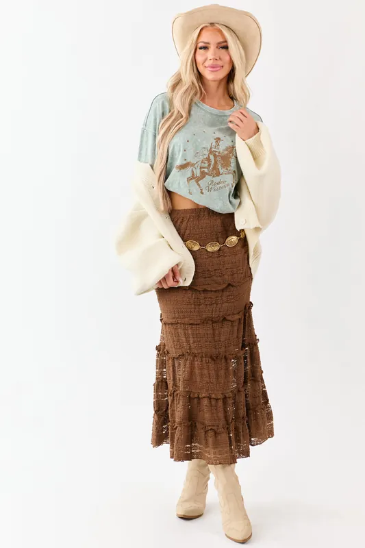 Sepia Lace Tiered Ruffle Trim Mermaid Midi Skirt - &merci