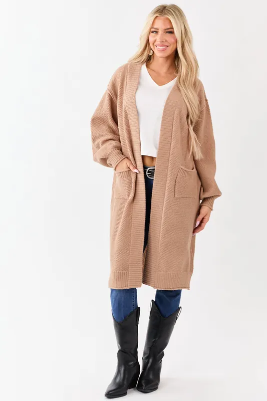 Latte Textured Knit Open Front Duster Cardigan - HYFVE