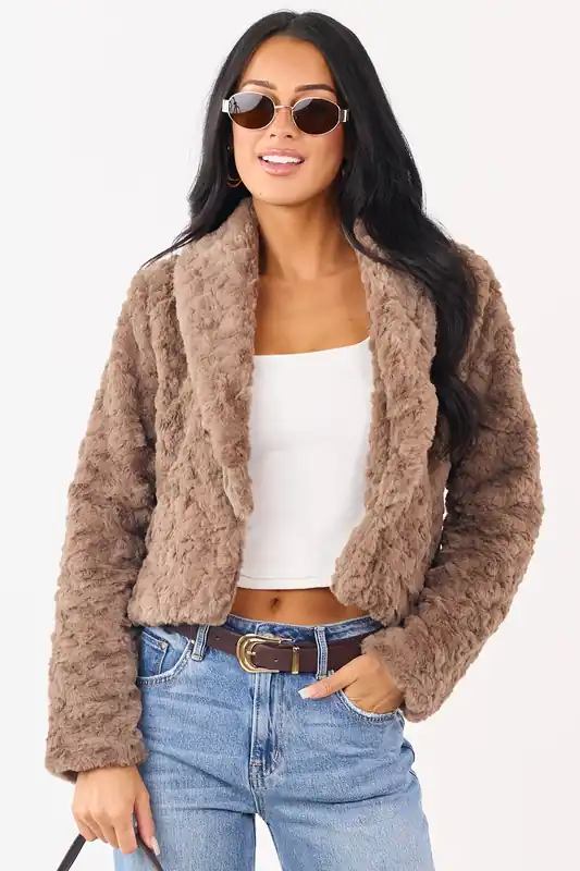 Taupe Teddy Faux Fur Shawl Collar Crop Jacket - Coalition