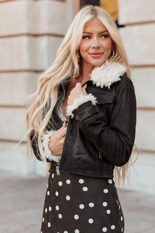 Black Faux Leather Zip Up Sherpa Aviator Jacket - Coalition