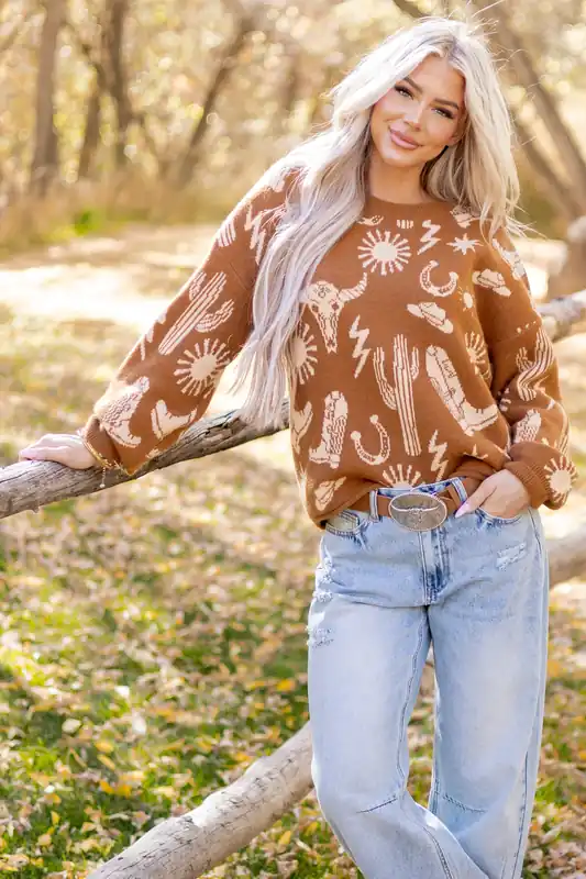 Copper Western Graphic Long Sleeve Sweater - Very J