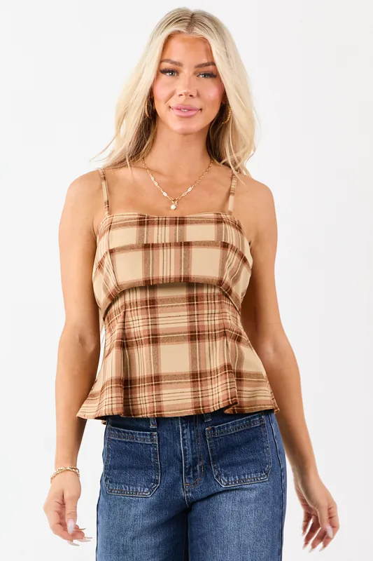 Camel Plaid Flair Waist Bust Overlay Tank Top - Day + Moon