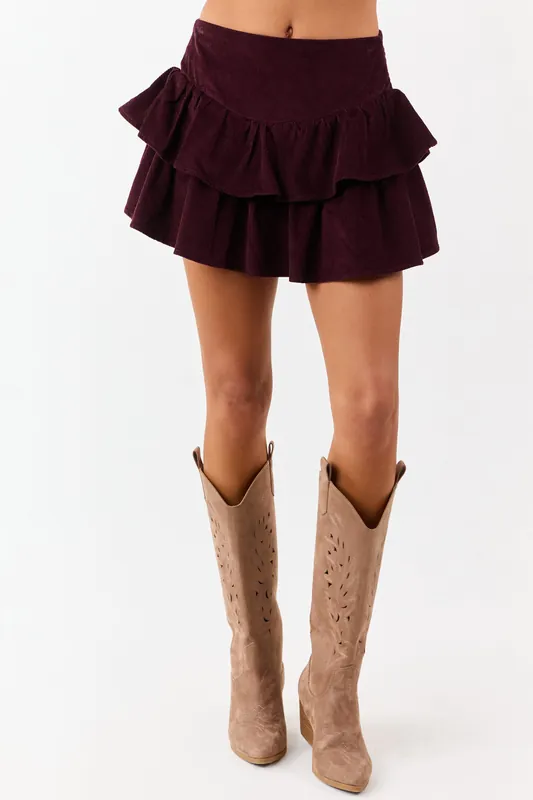 Eggplant Corduroy Ruffle Tiered Mini Skort - ANWND