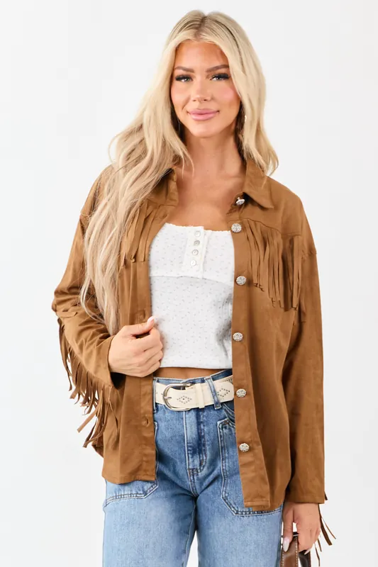 Cognac Faux Suede Fringe Detail Western Top - Very J
