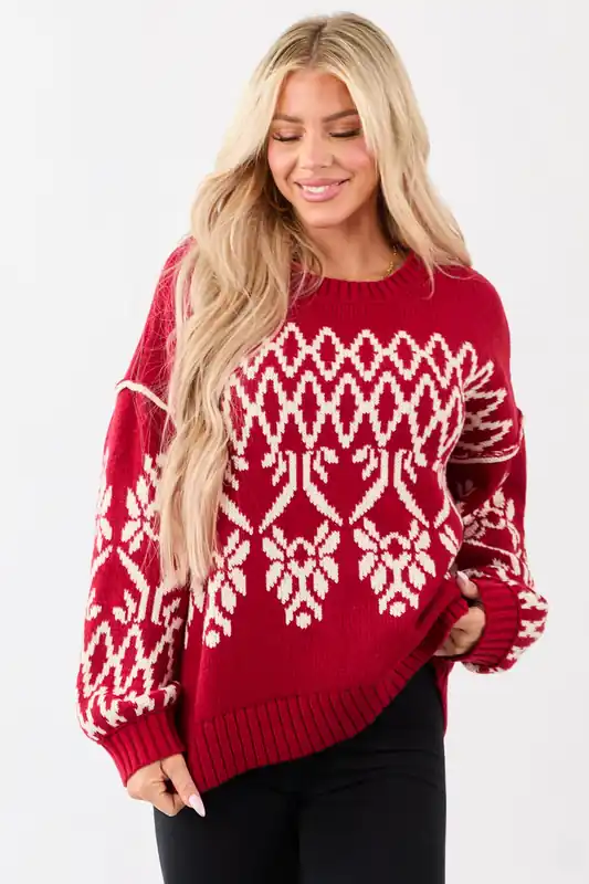 Ruby and Cream Fair Isle Pattern Relaxed Sweater - Very J