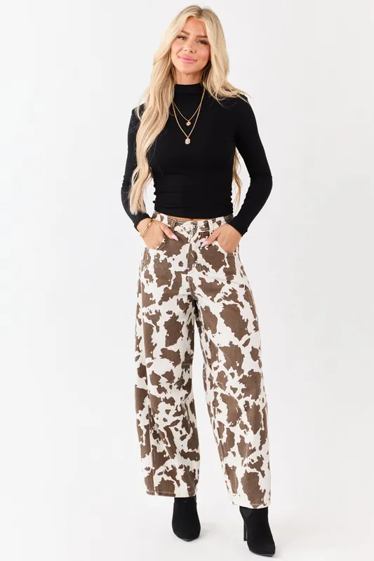 Ivory and Cocoa Washed Cow Print Barrel Jeans - Very J