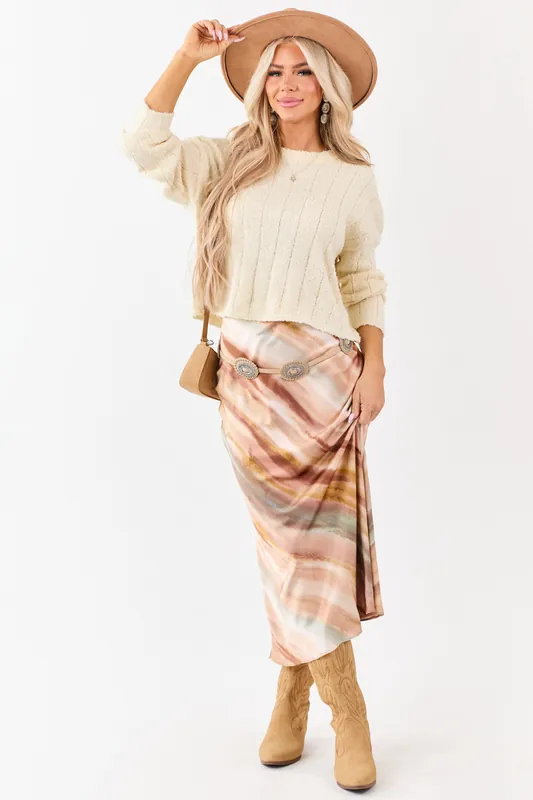 Champagne Abstract Print Satin Midi Skirt - In February