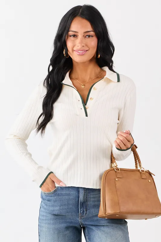 Cream Contrast Trim Polo Style Sweater Top - In February
