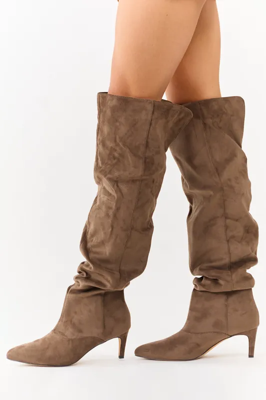 Taupe Faux Suede Low Stiletto Heel Slouchy Boots - FORTUNE DYNAMIC