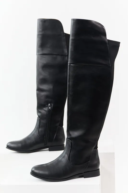Black Faux Leather Over the Knee Round Toe Boots - FORTUNE DYNAMIC