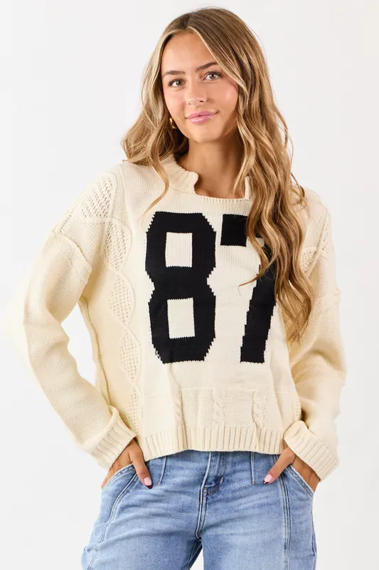 Cream Cable Knit Retro '87' Graphic Sweater - LovLov