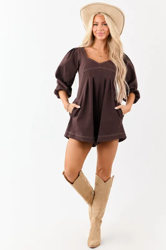 Cocoa Puff Sleeve Contrast Stitch Denim Romper - Day + Moon