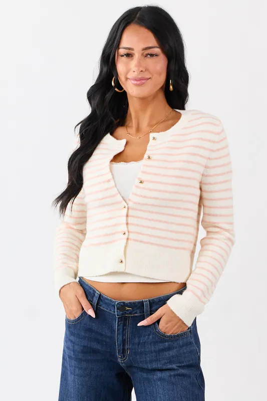 Cream Striped Wool Blend Knit Button Up Cardigan - Paper Moon
