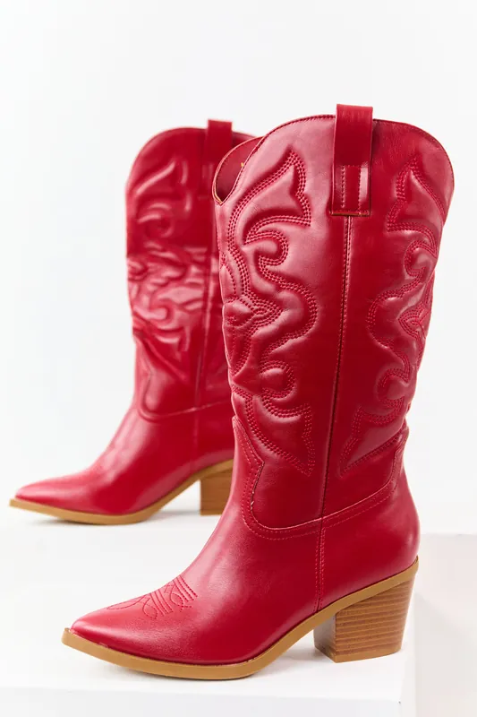 Pomegranate Faux Leather Embroidered Cowboy Boots - JP ORIGINAL CORP