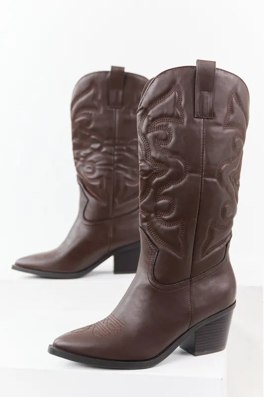 Chocolate Faux Leather Embroidered Cowboy Boots - JP ORIGINAL CORP