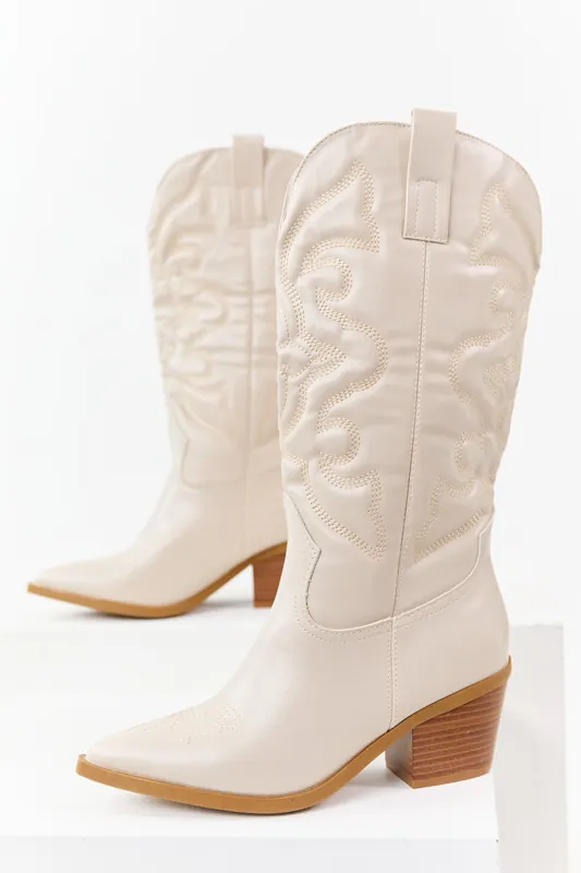 Coconut Faux Leather Embroidered Cowboy Boots - JP ORIGINAL CORP