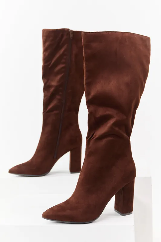 Spice Faux Suede Pointed Toe Block Heel Tall Boots - JP ORIGINAL CORP