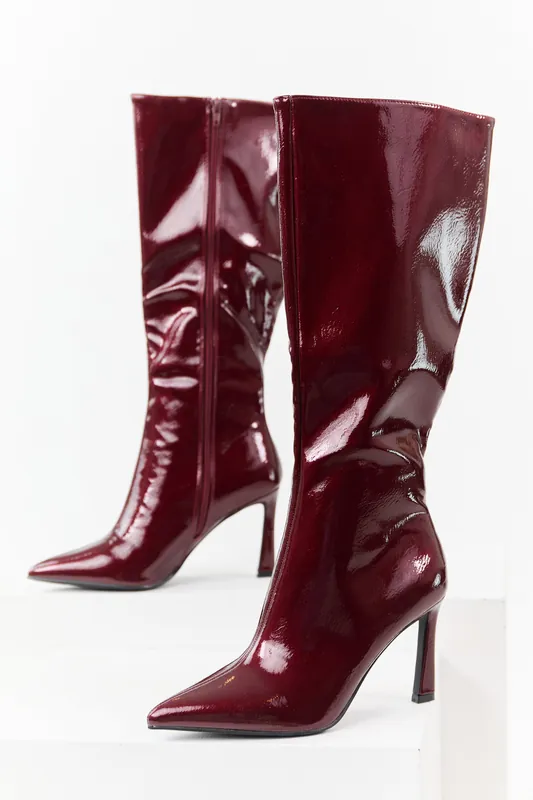 Wine Patent Faux Leather High Heel Tall Boots - JP ORIGINAL CORP