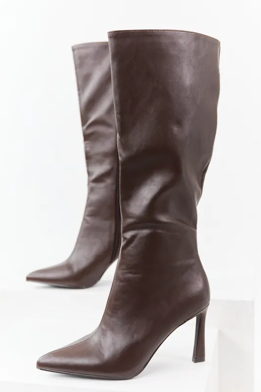 Chocolate Faux Leather High Heel Tall Boots - JP ORIGINAL CORP