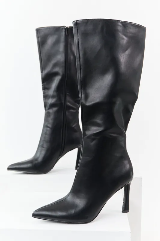 Black Faux Leather High Heel Tall Boots - JP ORIGINAL CORP