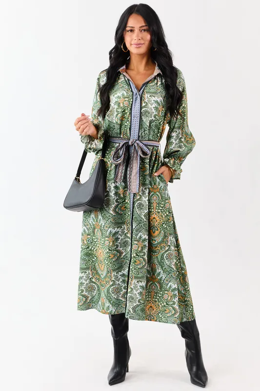 Hunter Green Boho Paisley Button Down Midi Dress - Umgee
