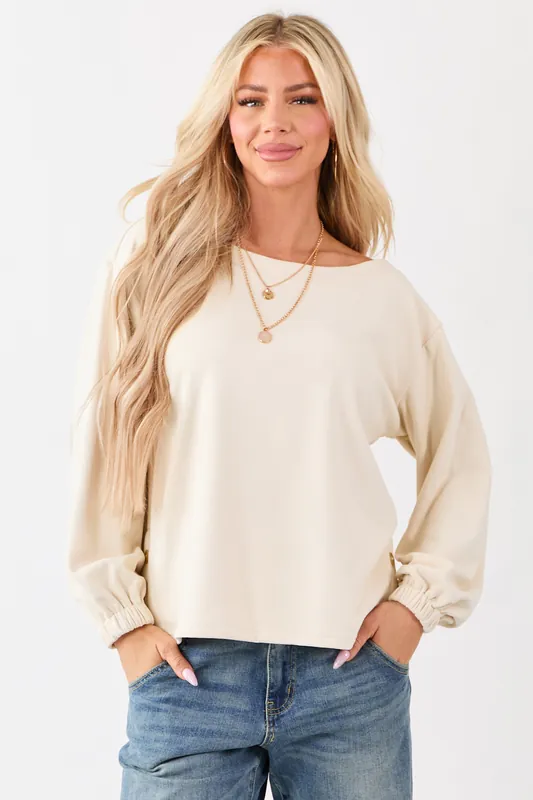 Cream Buttoned Side Long Sleeve Soft Knit Top - Blue Blush