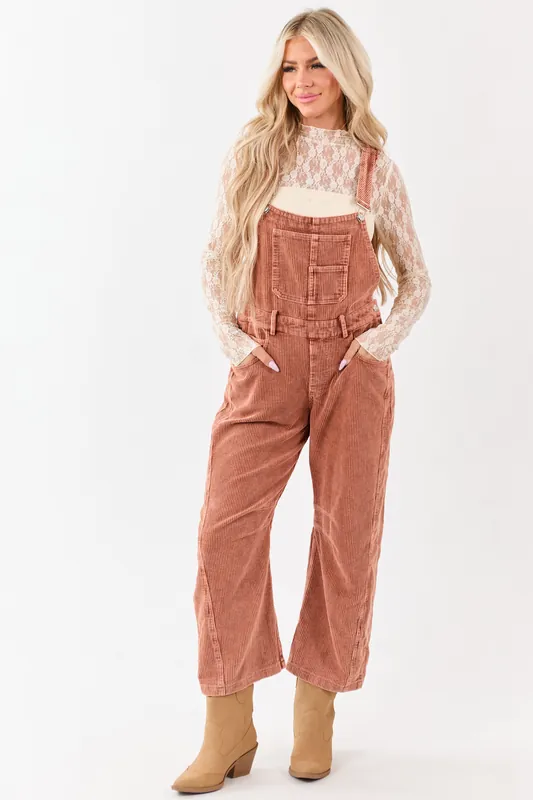 Lovelo Terracotta Corduroy Straight Leg Overalls - GeeGee