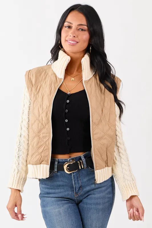Lovelo Peanut Quilted Zip Up Knit Contrast Jacket - GeeGee