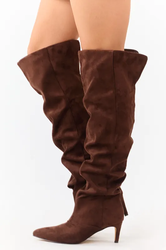 Sepia Faux Suede Low Stiletto Heel Slouchy Boots - FORTUNE DYNAMIC