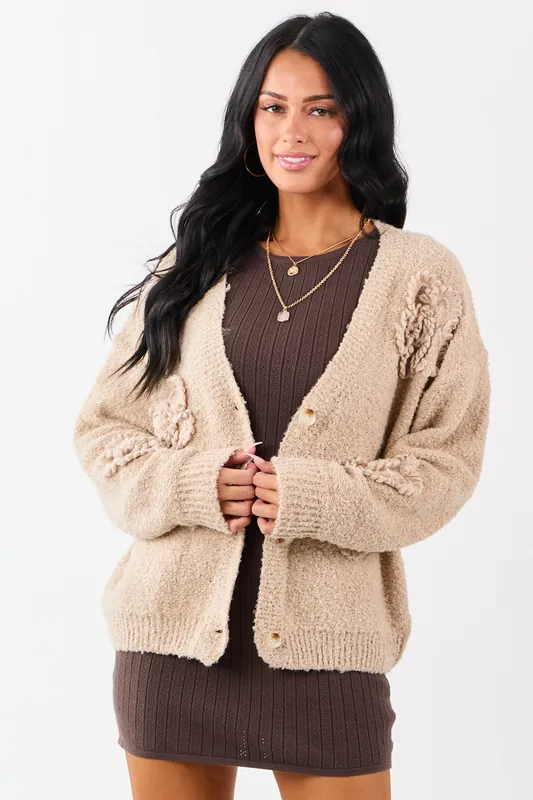 Khaki 3D Floral Applique Button Down Cardigan - Privy