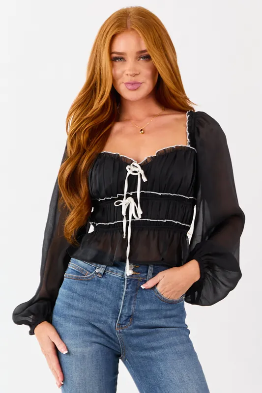 Black Tiered Bow Detail Lettuce Trim Long Sleeve Top - Privy