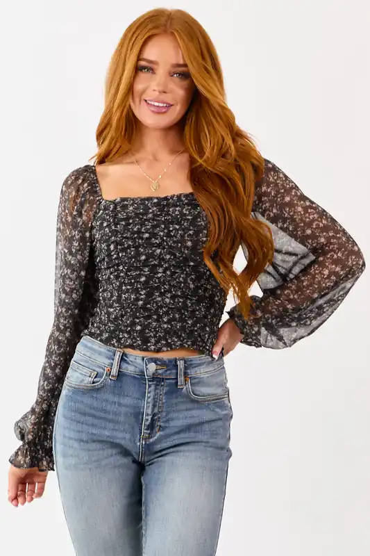 Black Ruched Floral Print Puff Sleeve Top - Privy