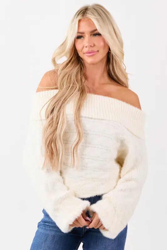 Cream Fold Over Off Shoulder Eyelash Knit Sweater - Privy