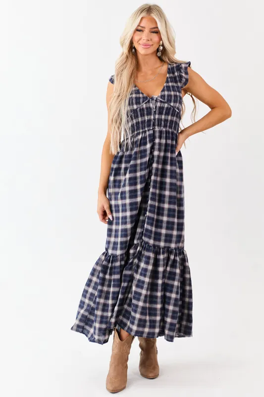 Navy Plaid Button Down Smocked Cotton Midi Dress - Privy